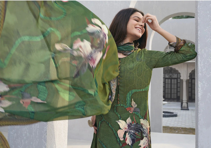 Festive Green Crepe Party Suit | Designer Digital Print Georgette Dupatta