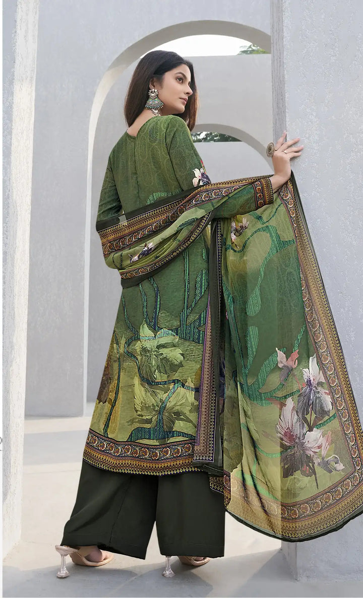 Festive Green Crepe Party Suit | Designer Digital Print Georgette Dupatta