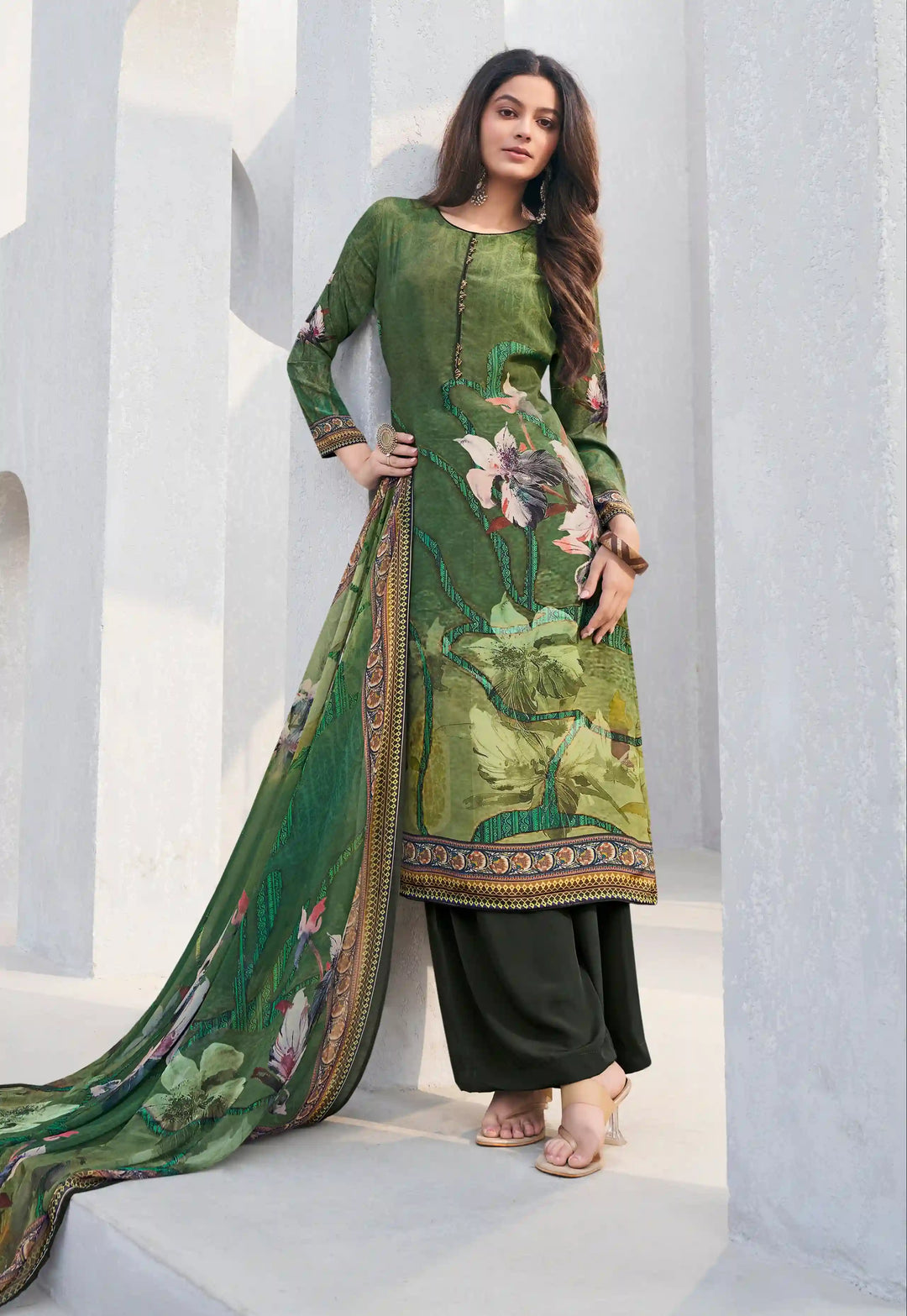 Festive Green Crepe Party Suit | Designer Digital Print Georgette Dupatta