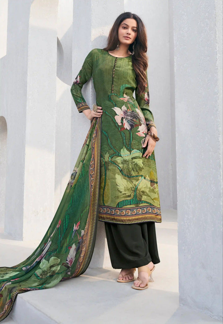 Festive Green Crepe Party Suit | Designer Digital Print Georgette Dupatta