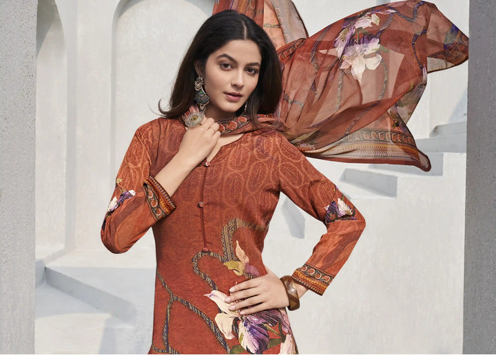 Bold Fiery Orange Designer Suit | Crepe & Georgette with Digital Printed Work