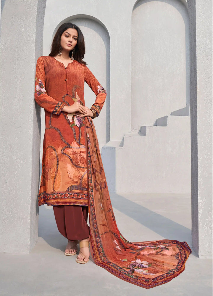 Bold Fiery Orange Designer Suit | Crepe & Georgette with Digital Printed Work