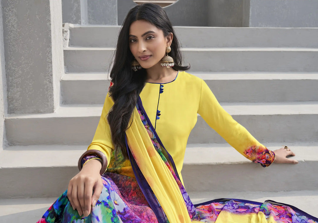 Charming Yellow Crepe Top Suit | Designer Print & Georgette Dupatta