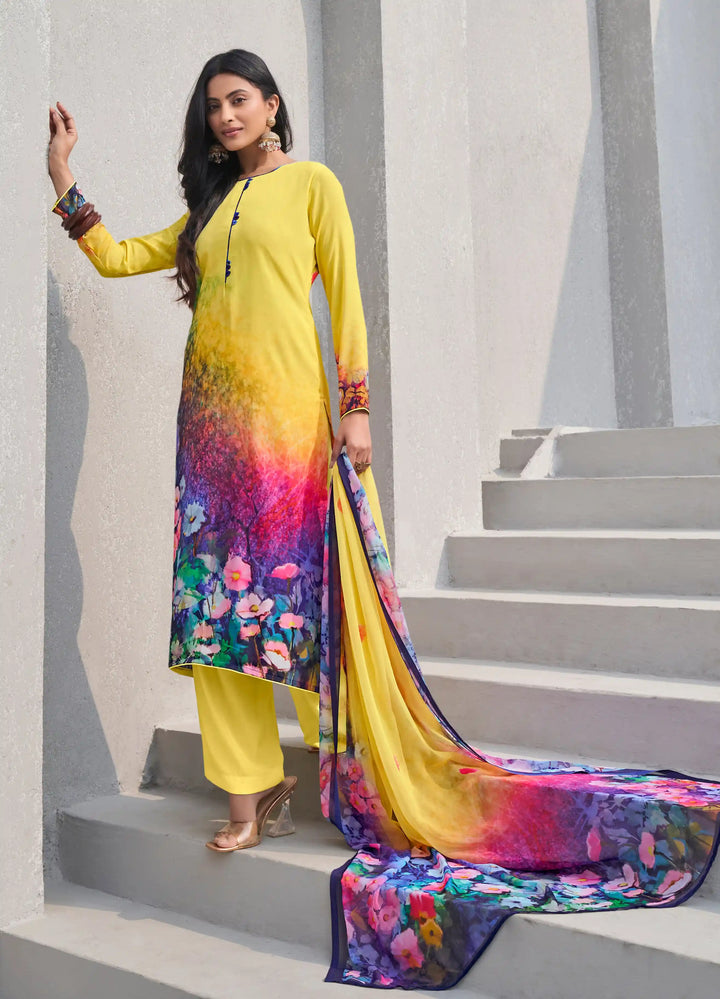 Charming Yellow Crepe Top Suit | Designer Print & Georgette Dupatta