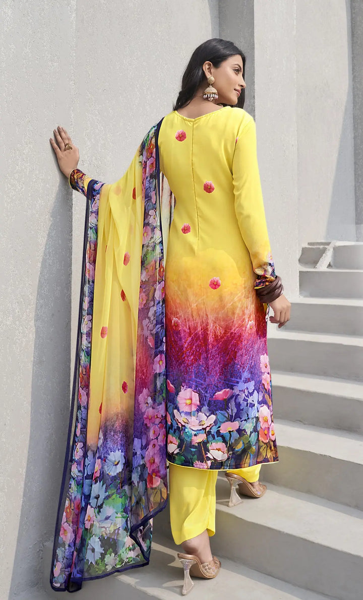 Charming Yellow Crepe Top Suit | Designer Print & Georgette Dupatta