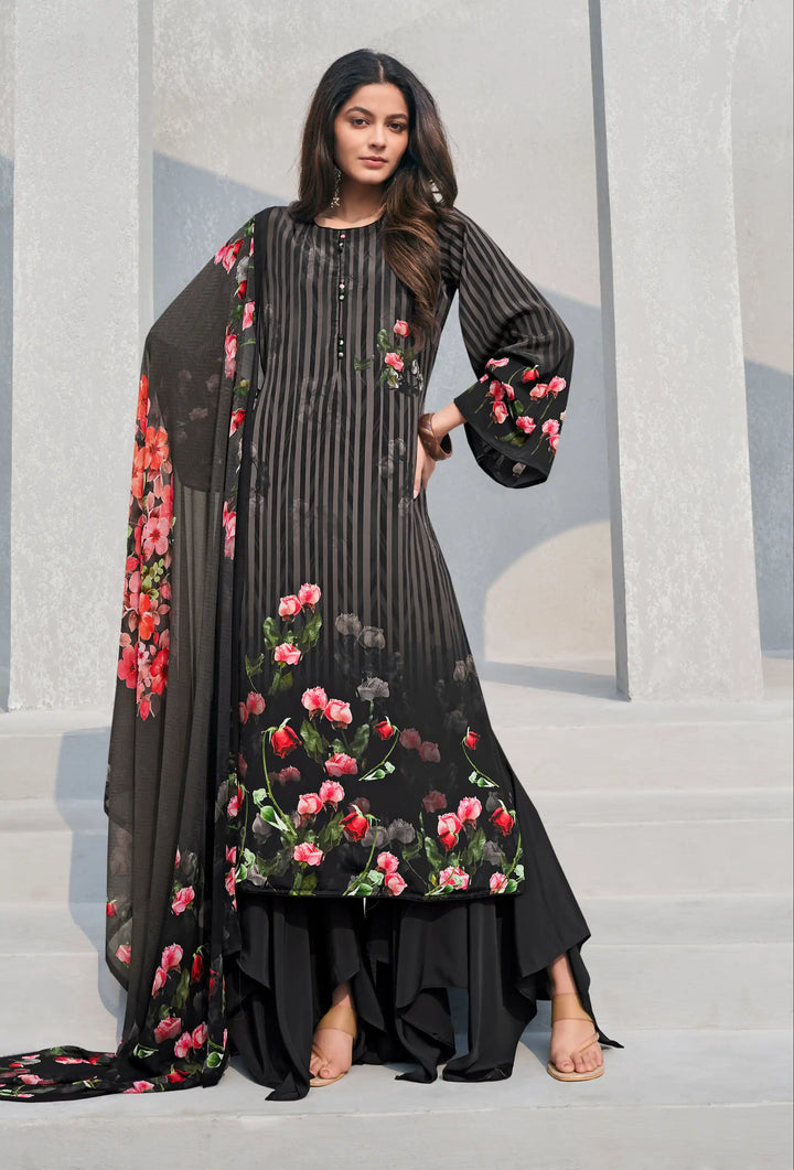 Party Wear Designer Black Crepe Suit | Digital Print & Georgette Dupatta Combo