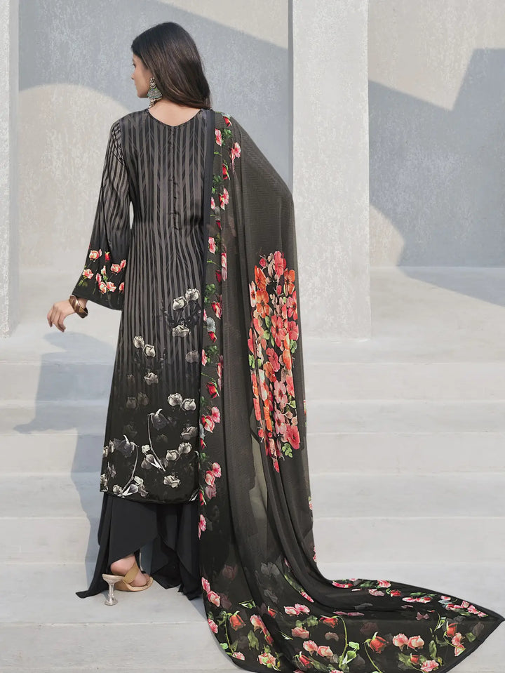 Party Wear Designer Black Crepe Suit | Digital Print & Georgette Dupatta Combo