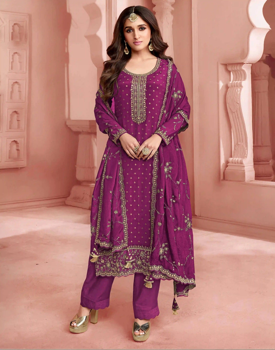 Elegant Dola Jacquard salwar Suit | Chinon Dupatta & Embroidery Work