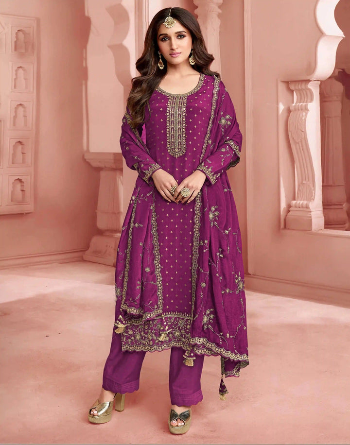 Elegant Dola Jacquard salwar Suit | Chinon Dupatta & Embroidery Work