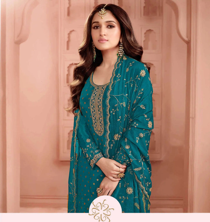 Elegant Dola Jacquard salwar Suit | Chinon Dupatta & Embroidery Work
