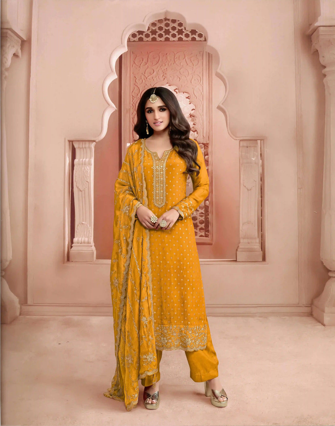 Elegant Dola Jacquard salwar Suit | Chinon Dupatta & Embroidery Work