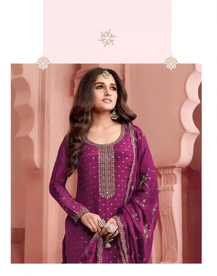 Elegant Dola Jacquard salwar Suit | Chinon Dupatta & Embroidery Work