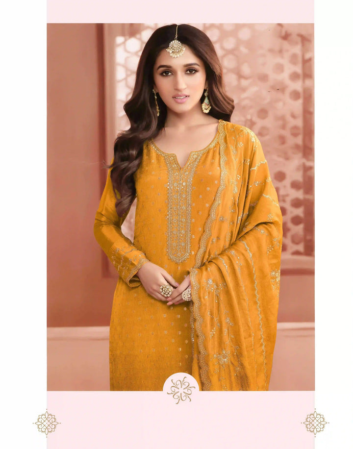 Elegant Dola Jacquard salwar Suit | Chinon Dupatta & Embroidery Work