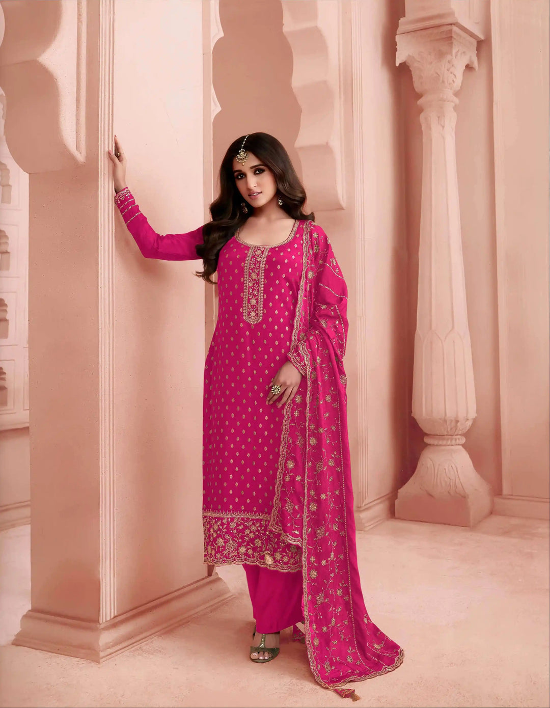 Elegant Dola Jacquard salwar Suit | Chinon Dupatta & Embroidery Work