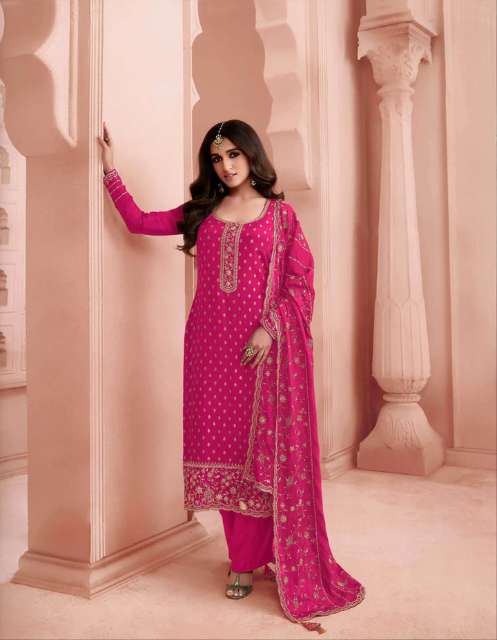 Elegant Dola Jacquard salwar Suit | Chinon Dupatta & Embroidery Work