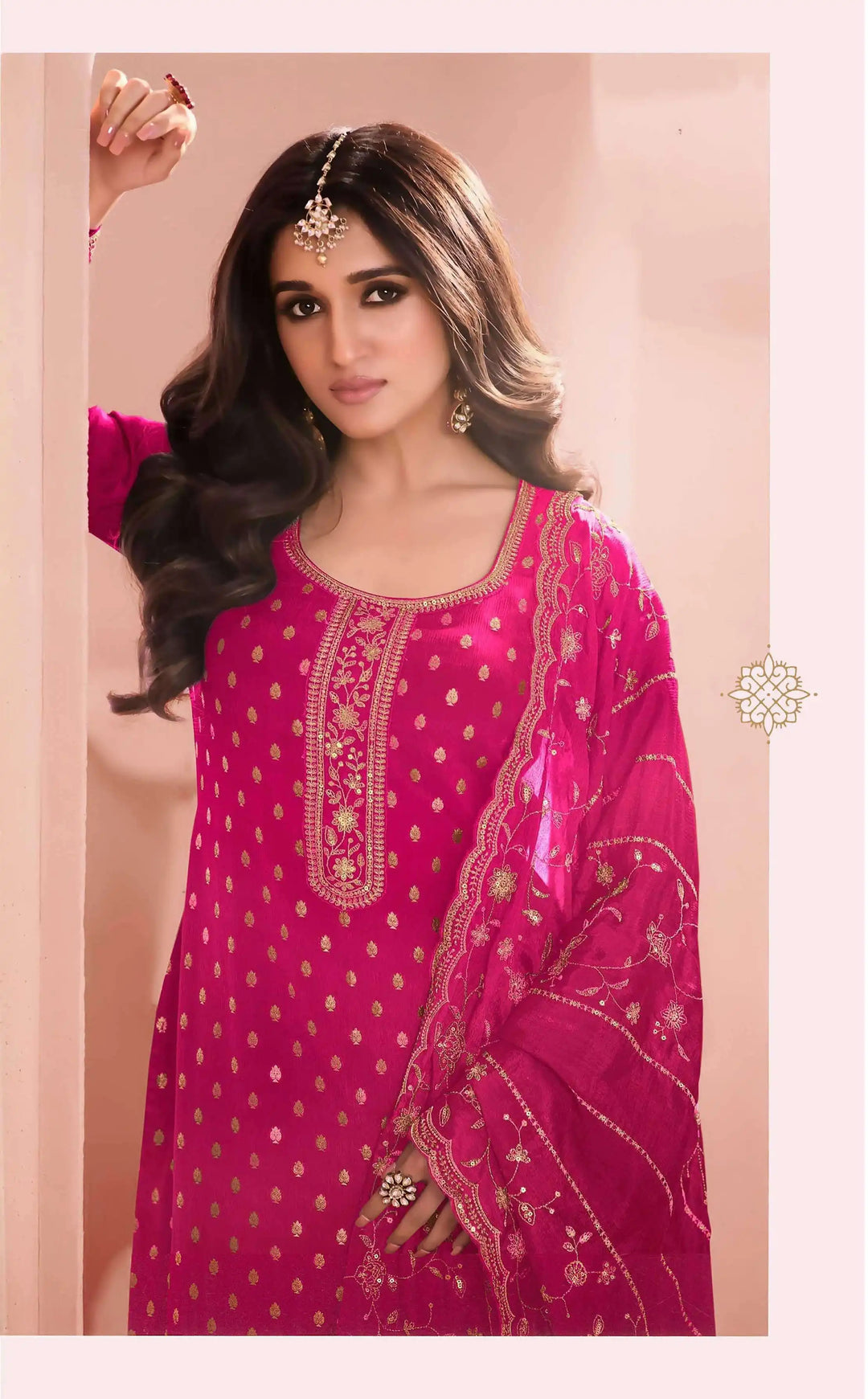 Elegant Dola Jacquard salwar Suit | Chinon Dupatta & Embroidery Work