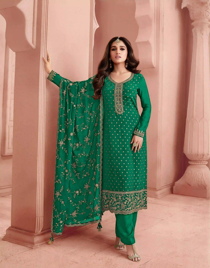 Elegant Dola Jacquard salwar Suit | Chinon Dupatta & Embroidery Work