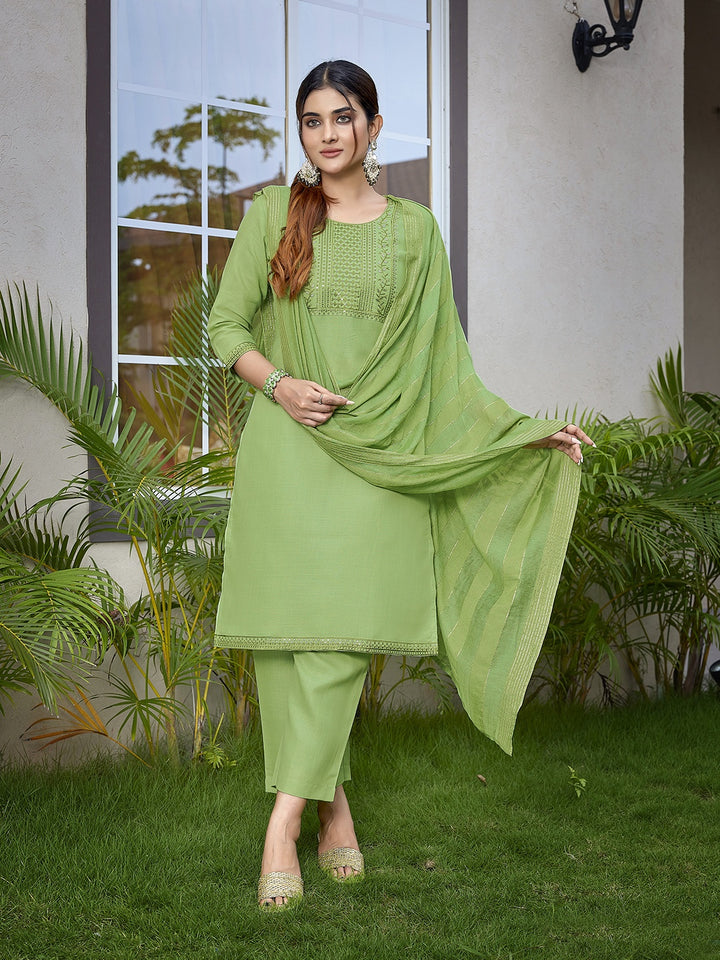 Graceful Pista Green Cotton Blend Top with Bottom | Accentuated by a Viscose Dupatta