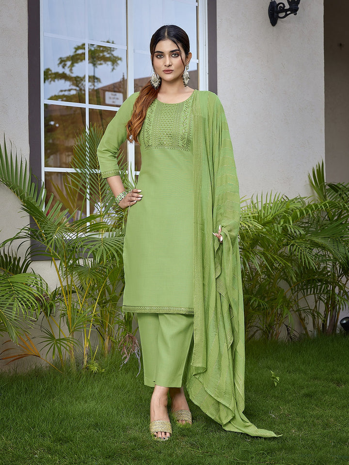 Graceful Pista Green Cotton Blend Top with Bottom | Accentuated by a Viscose Dupatta