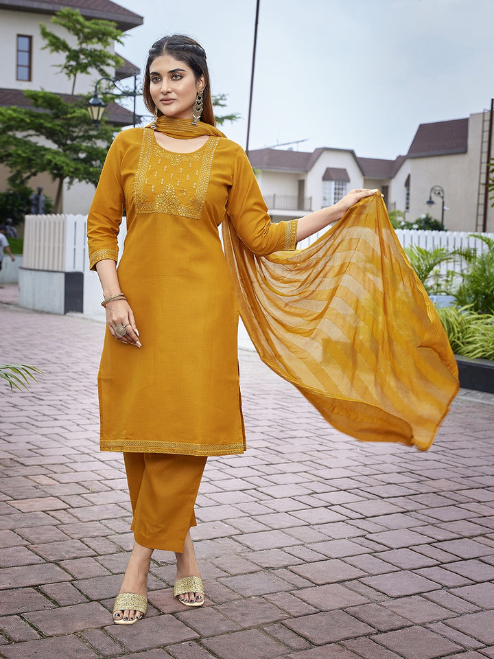 Chic Mustard Cotton Blend Top and Bottom Combination | Completed with a Gorgeous Viscose Dupatta