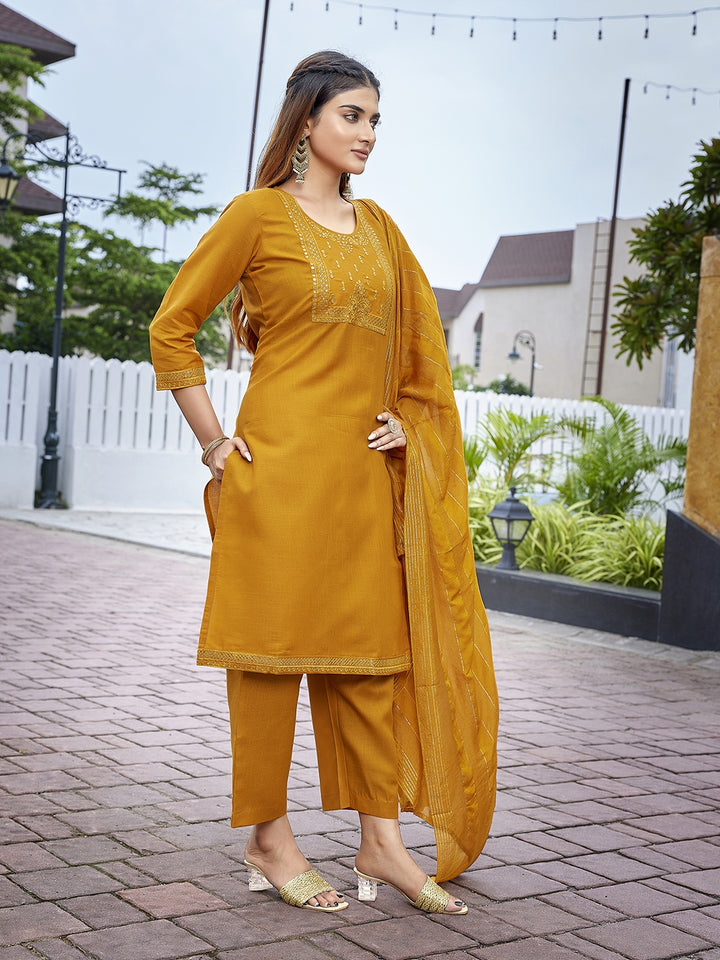 Chic Mustard Cotton Blend Top and Bottom Combination | Completed with a Gorgeous Viscose Dupatta