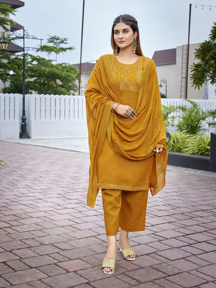 Chic Mustard Cotton Blend Top and Bottom Combination | Completed with a Gorgeous Viscose Dupatta