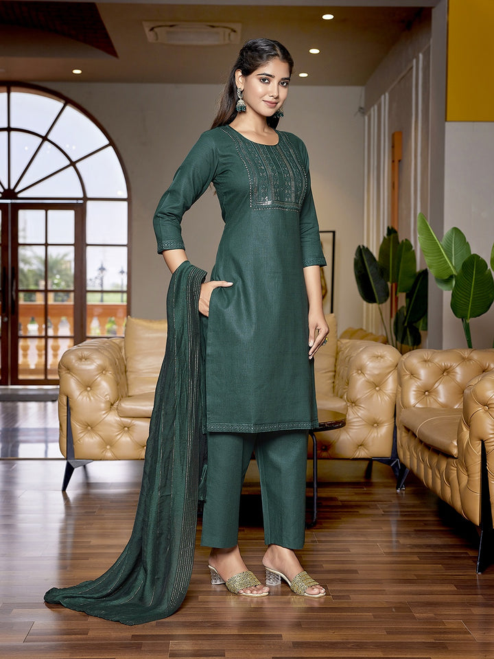 Graceful Bottle Green Cotton Blend Top with Bottom | Accentuated by a Viscose Dupatta