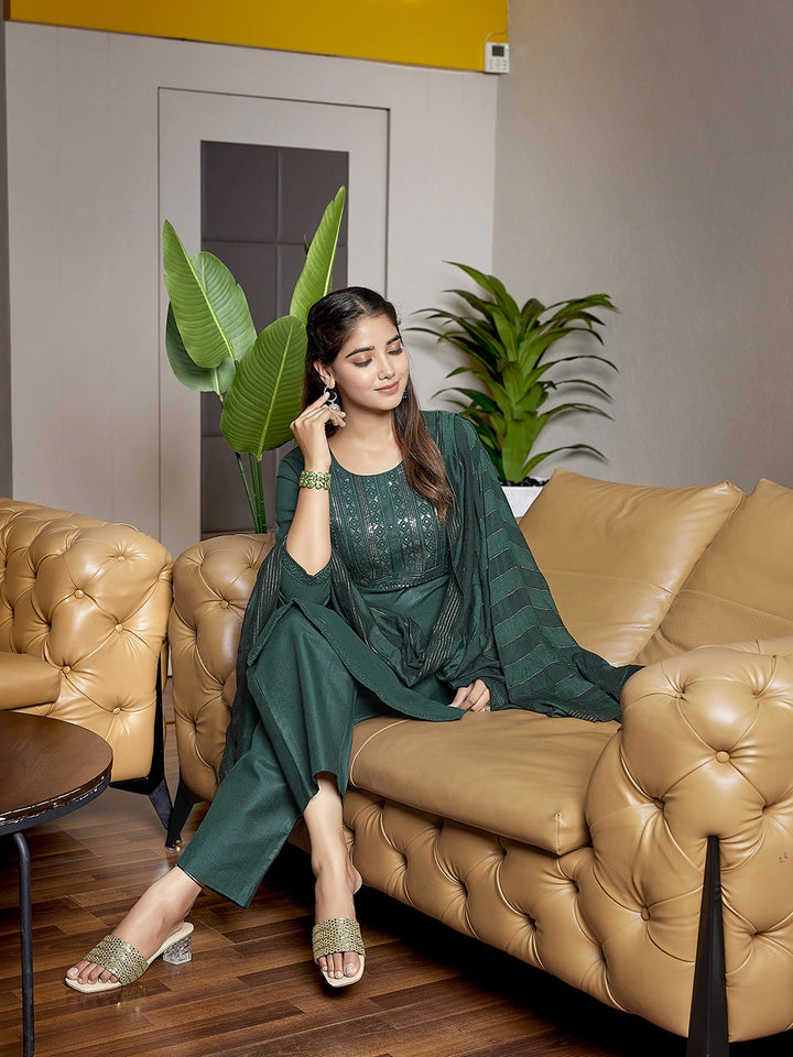 Graceful Bottle Green Cotton Blend Top with Bottom | Accentuated by a Viscose Dupatta