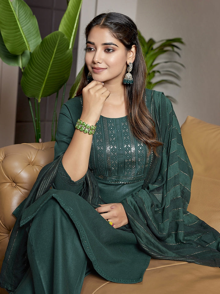 Graceful Bottle Green Cotton Blend Top with Bottom | Accentuated by a Viscose Dupatta