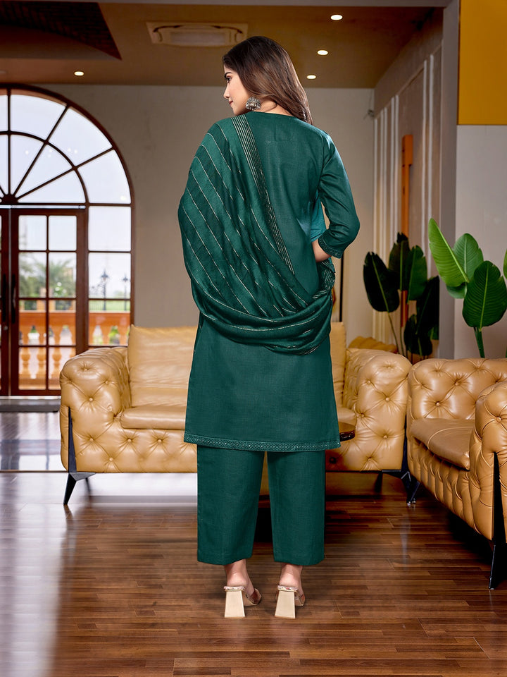Graceful Bottle Green Cotton Blend Top with Bottom | Accentuated by a Viscose Dupatta