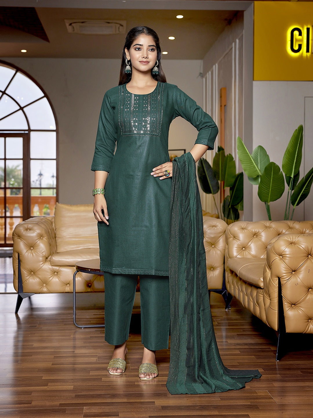 Graceful Bottle Green Cotton Blend Top with Bottom | Accentuated by a Viscose Dupatta