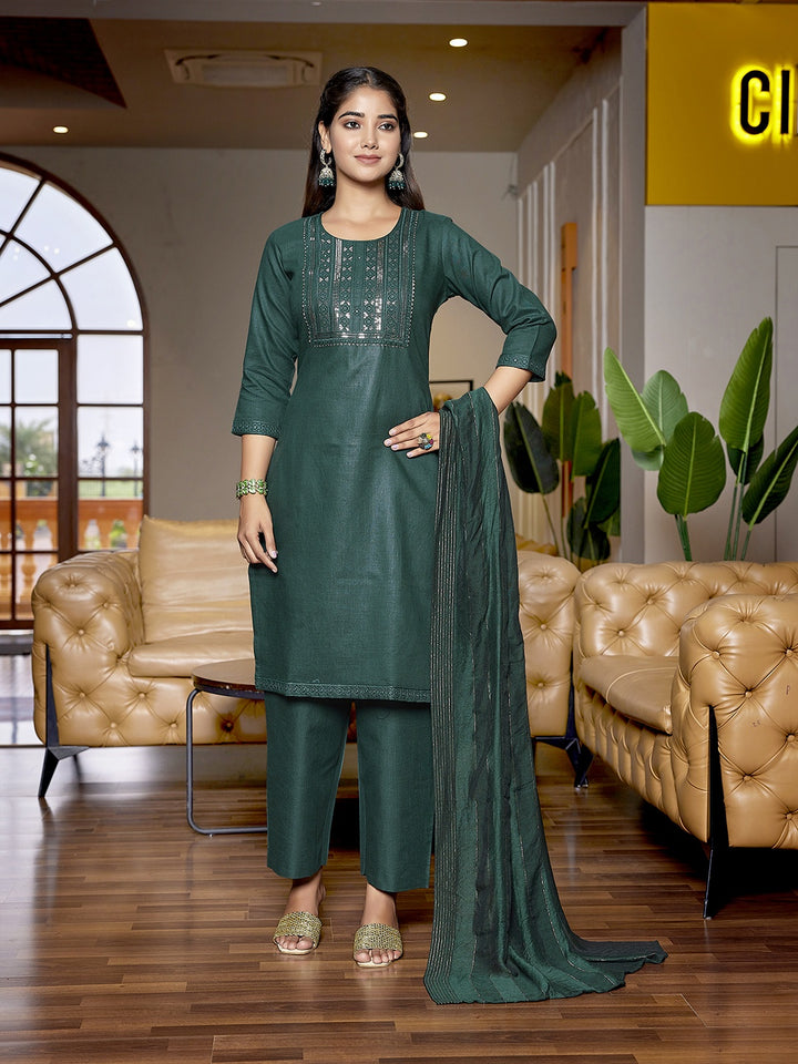 Graceful Bottle Green Cotton Blend Top with Bottom | Accentuated by a Viscose Dupatta