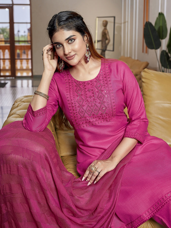 Stylish Bright Pink Cotton Blend Top Featuring with Bottom | Accentuated by a Viscose