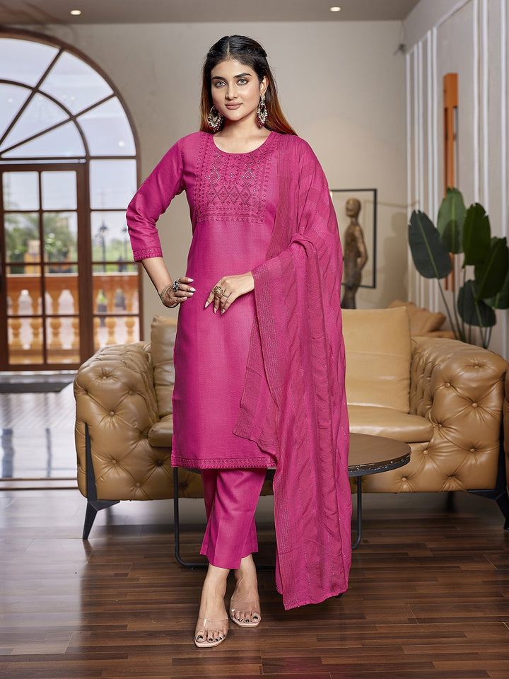 Stylish Bright Pink Cotton Blend Top Featuring with Bottom | Accentuated by a Viscose