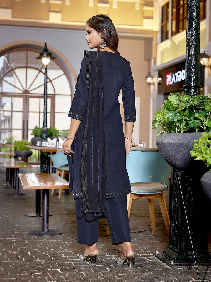 Chic Navy Cotton Blend and Cotton Blend Combination | Accentuated by a Viscose Dupatta