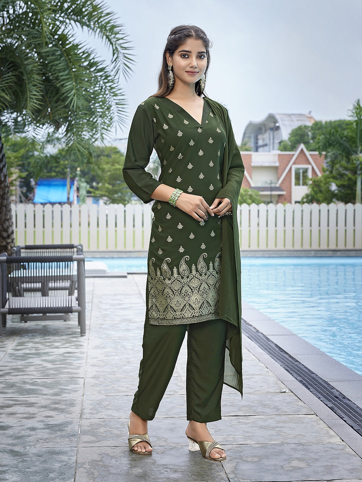 Chic Olive Green Crepe and Crepe Combination | Accentuated by a Georgette Dupatta