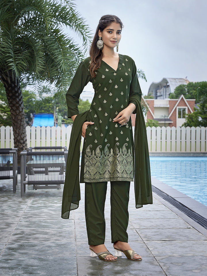 Chic Olive Green Crepe and Crepe Combination | Accentuated by a Georgette Dupatta