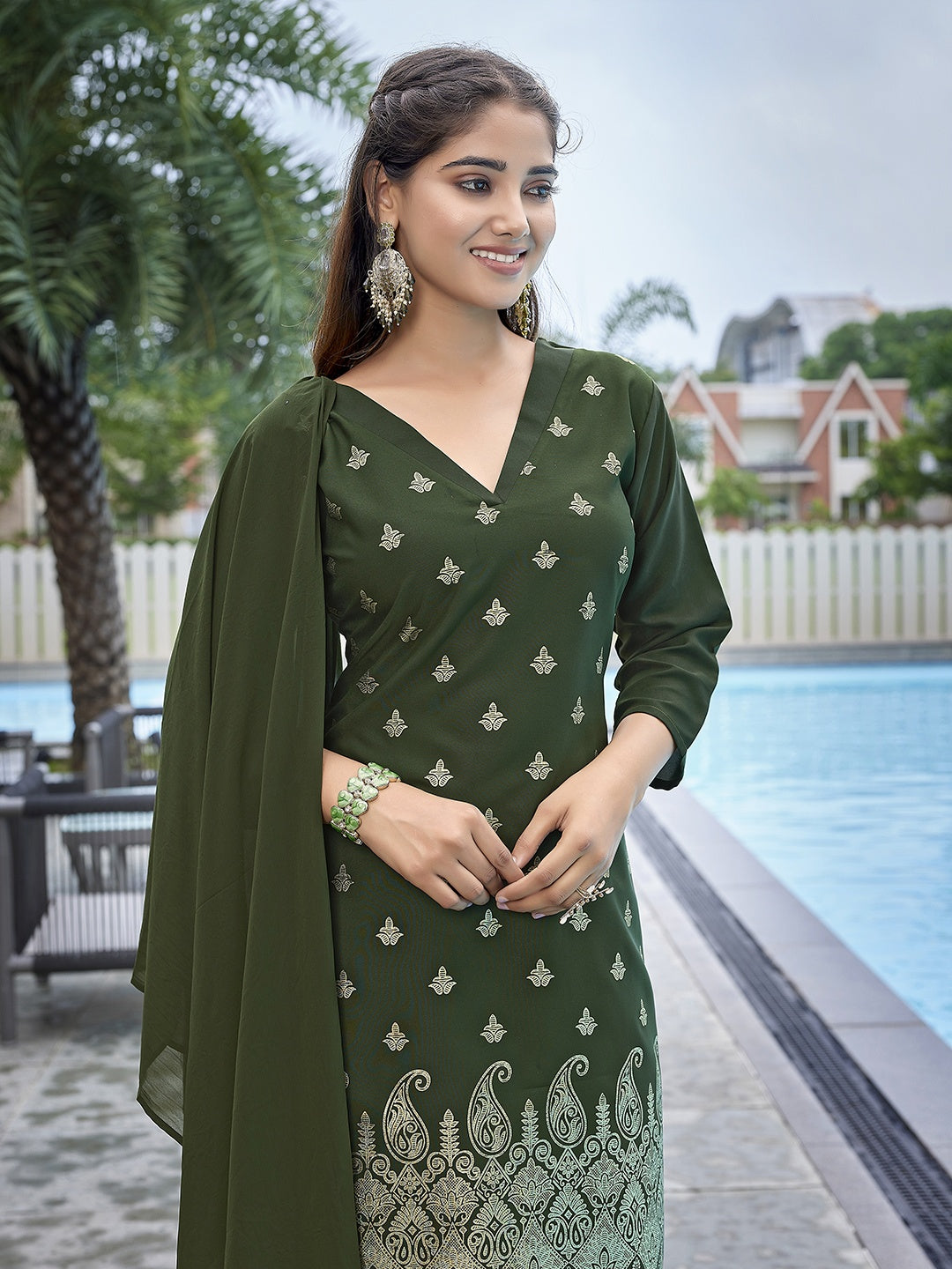 Chic Olive Green Crepe and Crepe Combination | Accentuated by a Georgette Dupatta