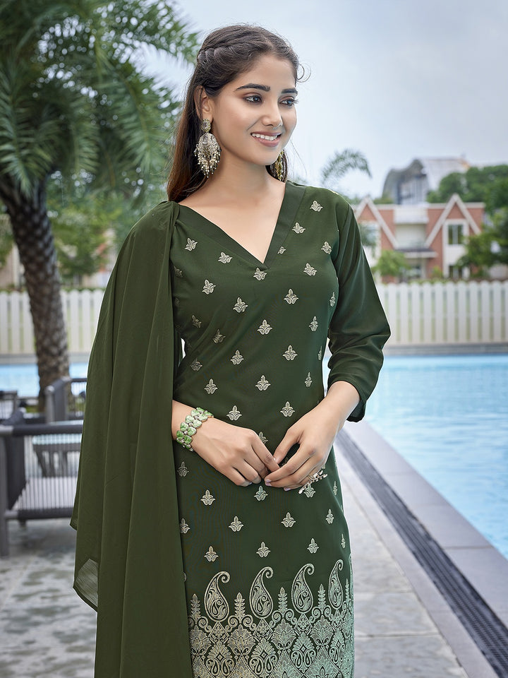Chic Olive Green Crepe and Crepe Combination | Accentuated by a Georgette Dupatta