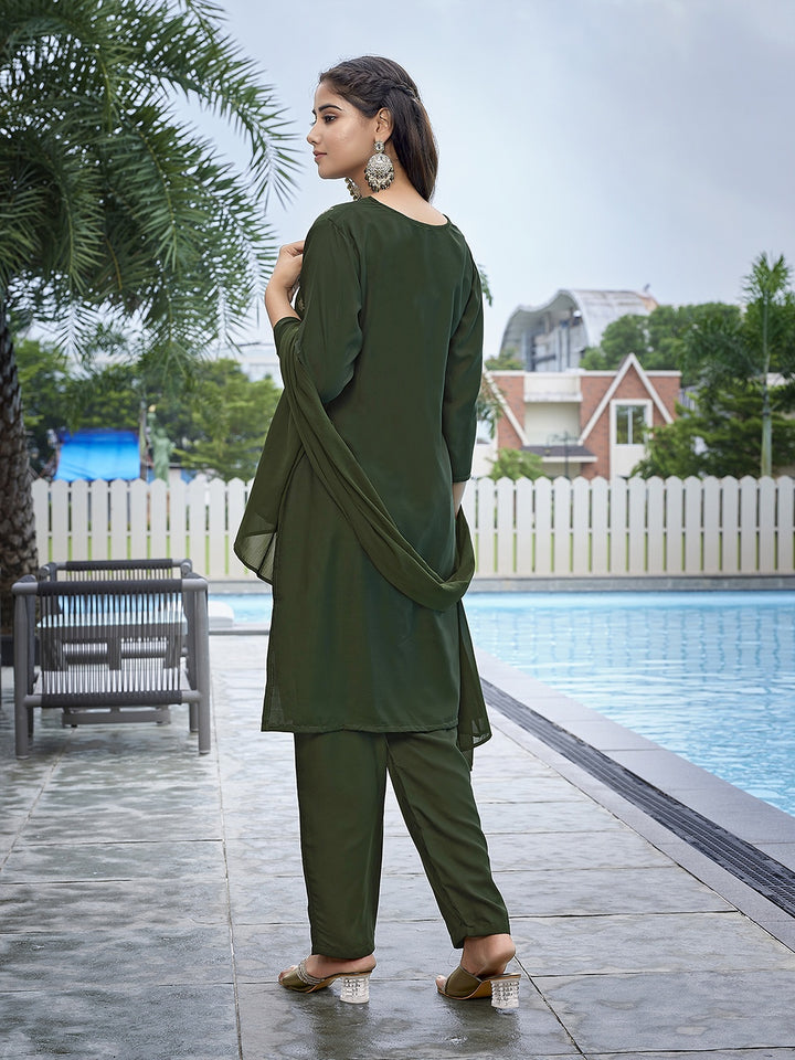 Chic Olive Green Crepe and Crepe Combination | Accentuated by a Georgette Dupatta