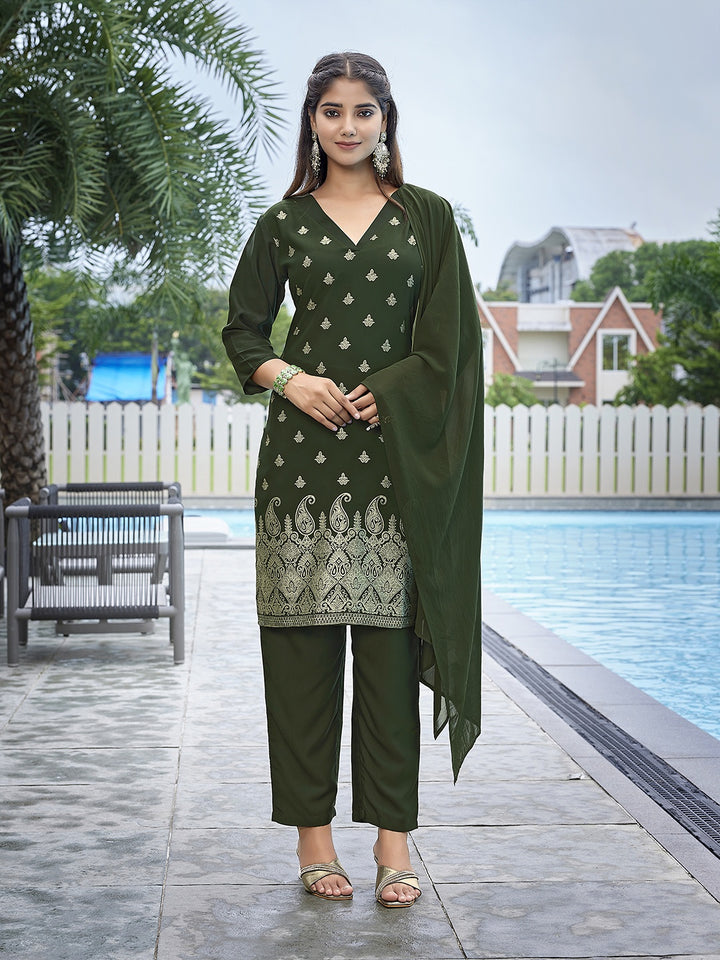 Chic Olive Green Crepe and Crepe Combination | Accentuated by a Georgette Dupatta