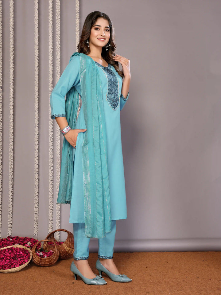 Sky Blue Designer Salwar Suit | Embroidery & Stone-work for festive Wear