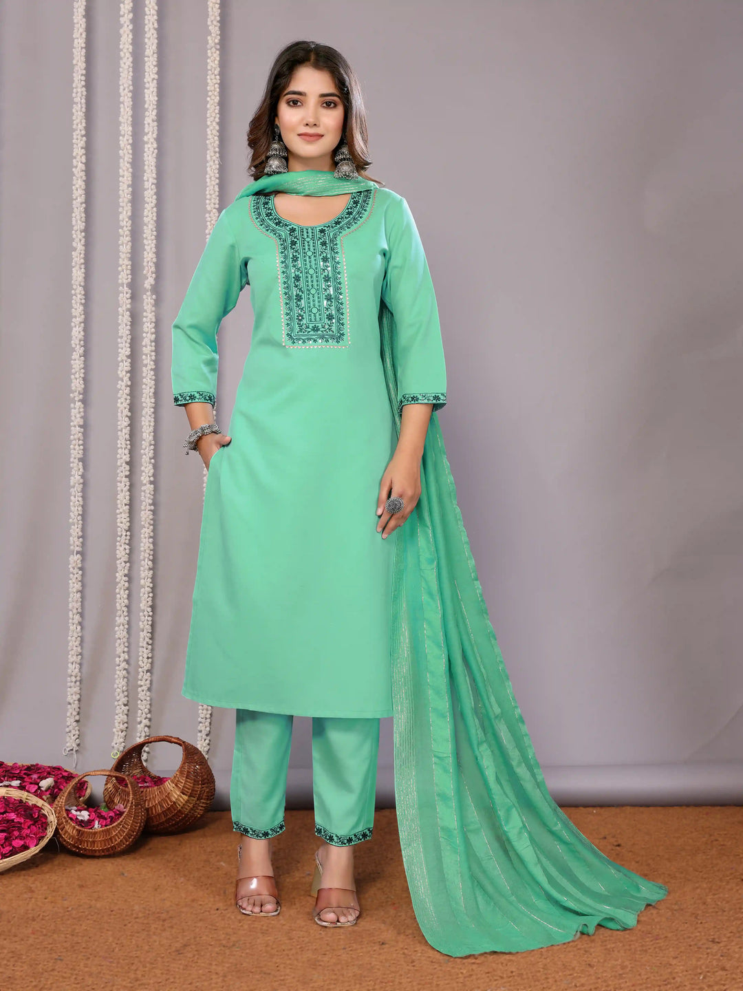 Sea Green Designer Salwar Suit | Embroidered Readymade Ethnic Wear