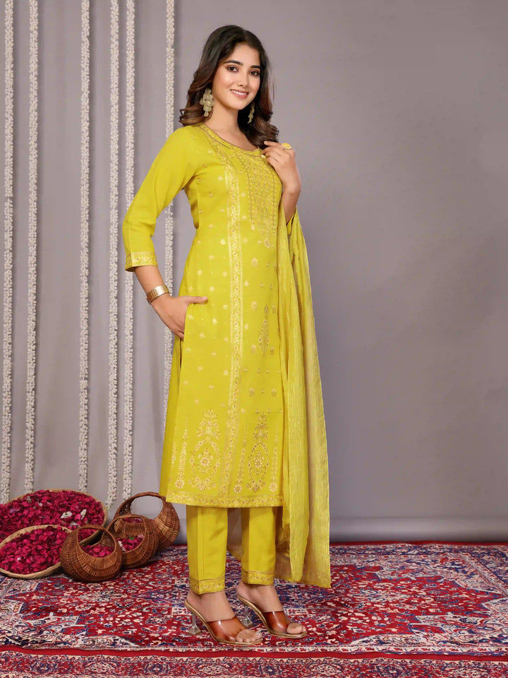 Foil Printed Lemon Yellow Salwar Suit | Designer Party Wear