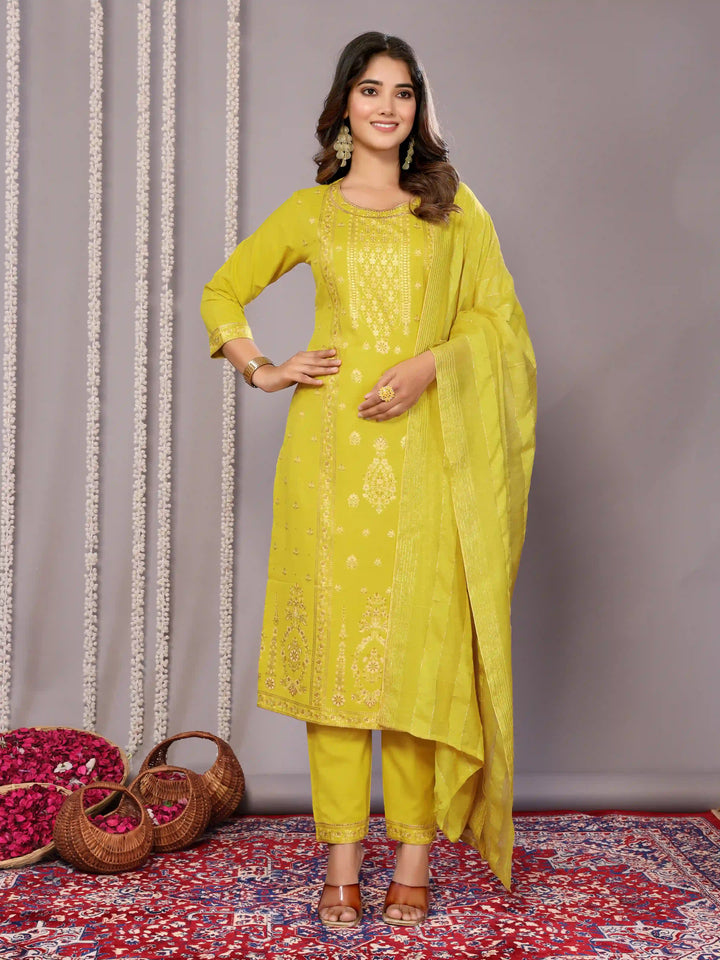 Foil Printed Lemon Yellow Salwar Suit | Designer Party Wear