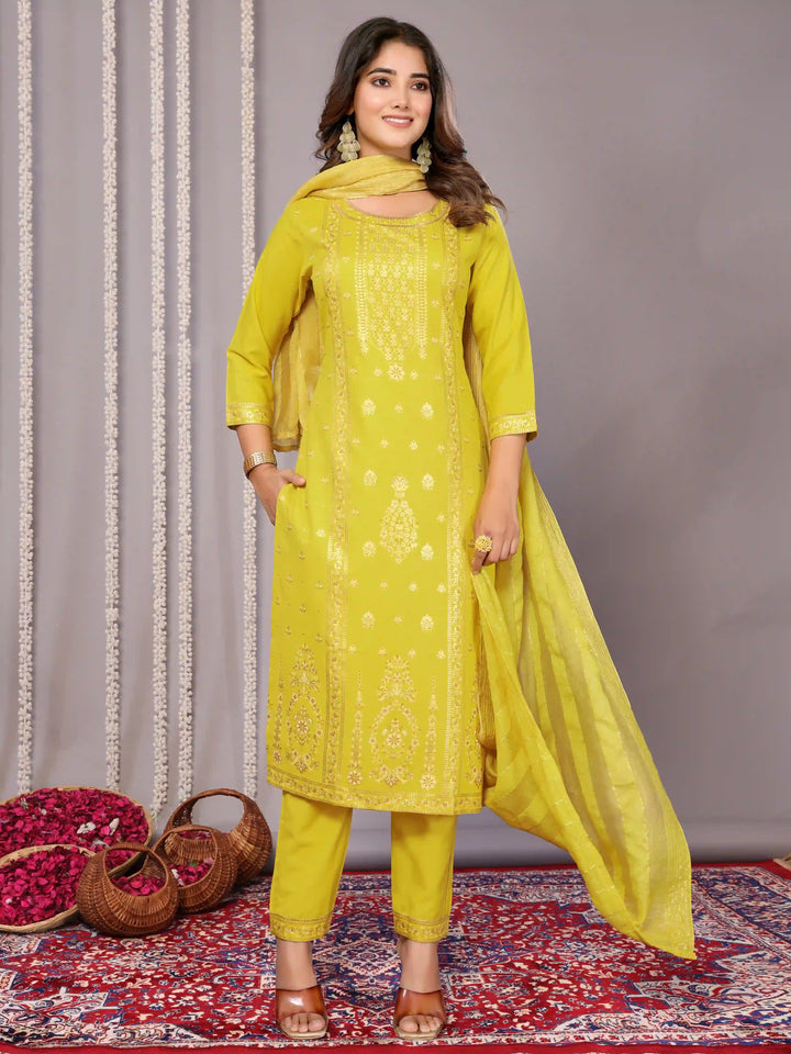 Foil Printed Lemon Yellow Salwar Suit | Designer Party Wear