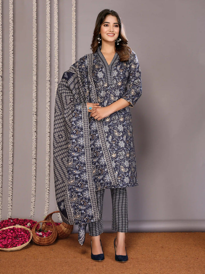 Elegant Navy Blue Salwar Suit | Foil Printed Designer Readymade Outfit