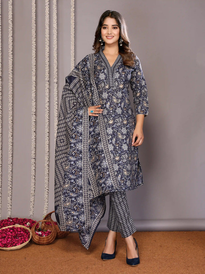 Elegant Navy Blue Salwar Suit | Foil Printed Designer Readymade Outfit