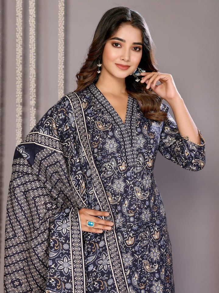 Elegant Navy Blue Salwar Suit | Foil Printed Designer Readymade Outfit