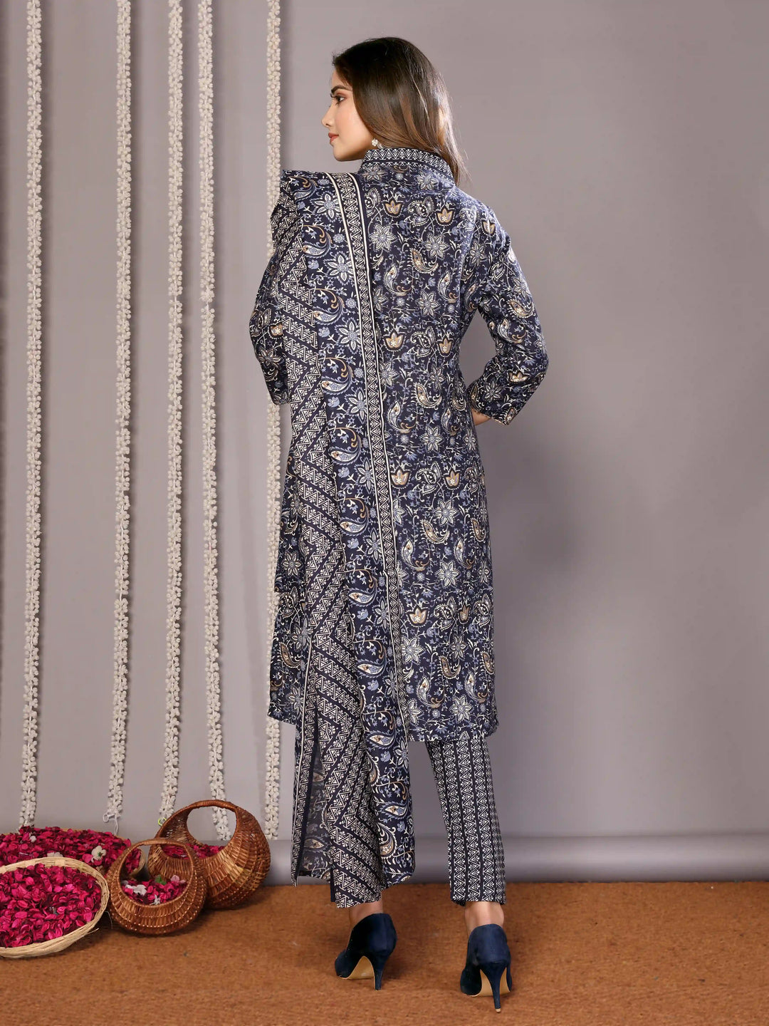Elegant Navy Blue Salwar Suit | Foil Printed Designer Readymade Outfit